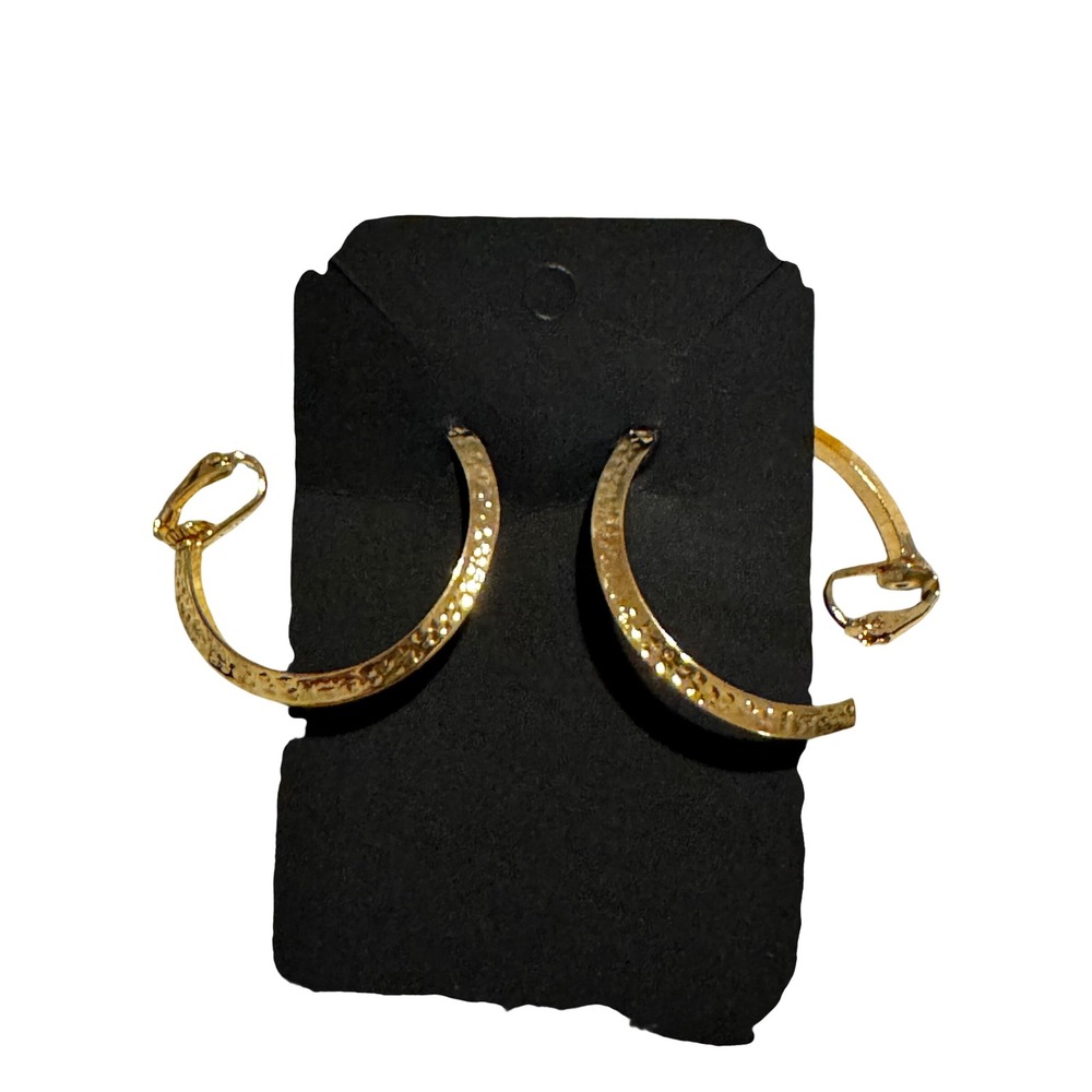Vintage Gold Tone Hammered Texture Clip On Hoop Earrings Semi-Hoops